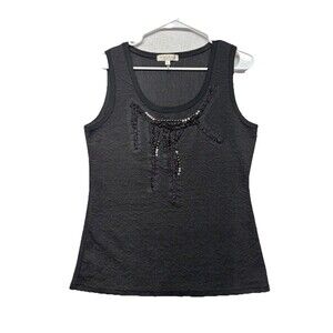 Forla Paris Top Boho Lace Stretch Sz Large Sleeveless Tank Beaded Dark Whimsical